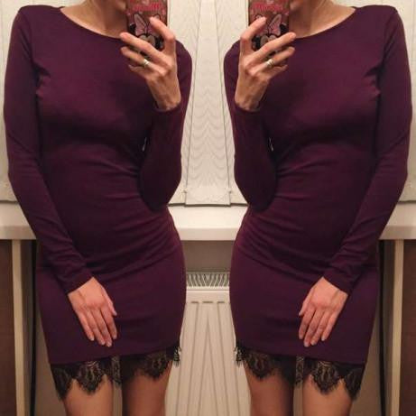 Women casual Elegant lace solid bodycon dress Christmas evening party long sleeve winter dress LX067