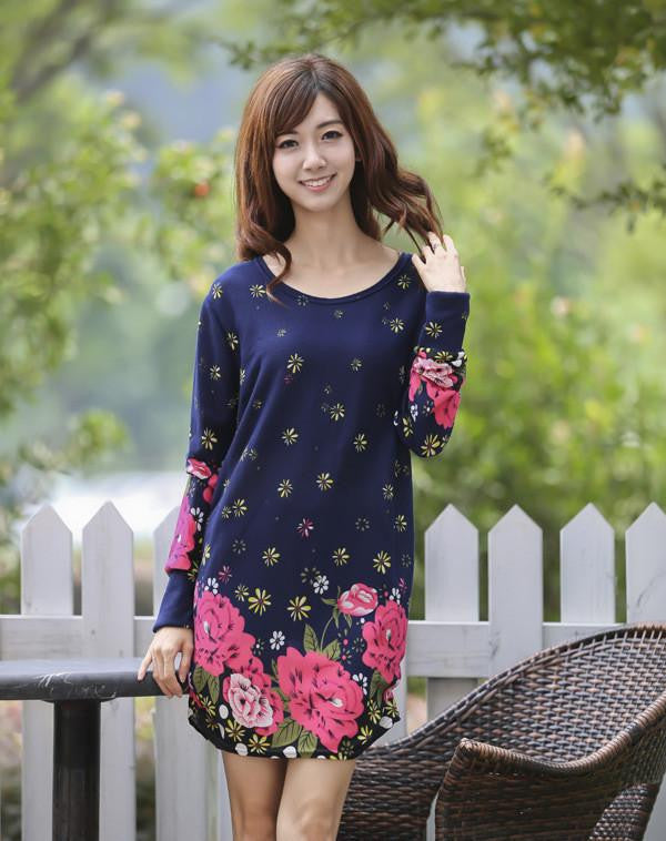 Women Fashion Print Dress Casual Loose Big yards Round Neck Short Dress G0110
