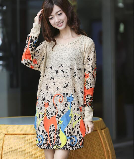 Women Fashion Print Dress Casual Loose Big yards Round Neck Short Dress G0110