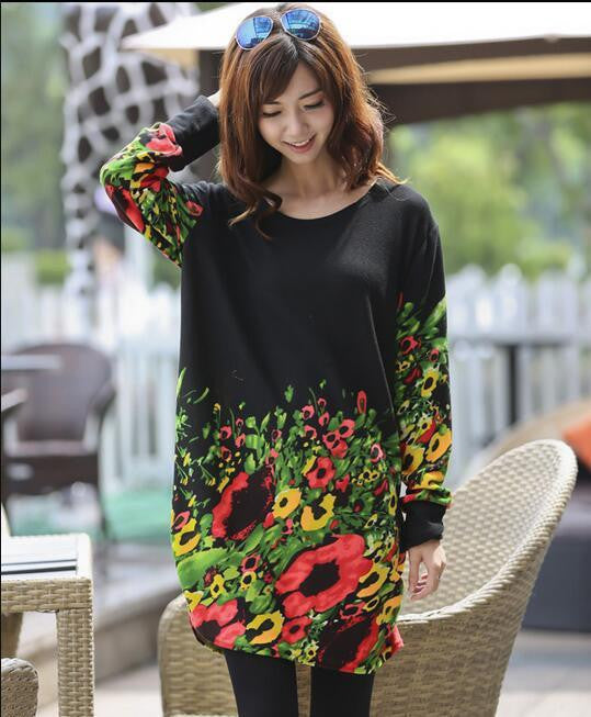 Women Fashion Print Dress Casual Loose Big yards Round Neck Short Dress G0110