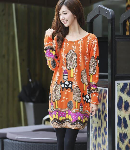 Women Fashion Print Dress Casual Loose Big yards Round Neck Short Dress G0110