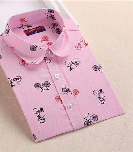 Women Cotton Linen Blouse Turn-down Collar Long Sleeve Printed Shirts Women Tops And Blouses Fashion Clothings