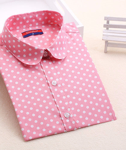 Online discount shop Australia - Brand New Cotton Women Shirts Long Sleeve Blouse Polka Dot Turn Down Collar Women Tops