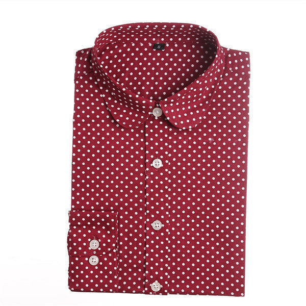 Online discount shop Australia - Brand New Cotton Women Shirts Long Sleeve Blouse Polka Dot Turn Down Collar Women Tops