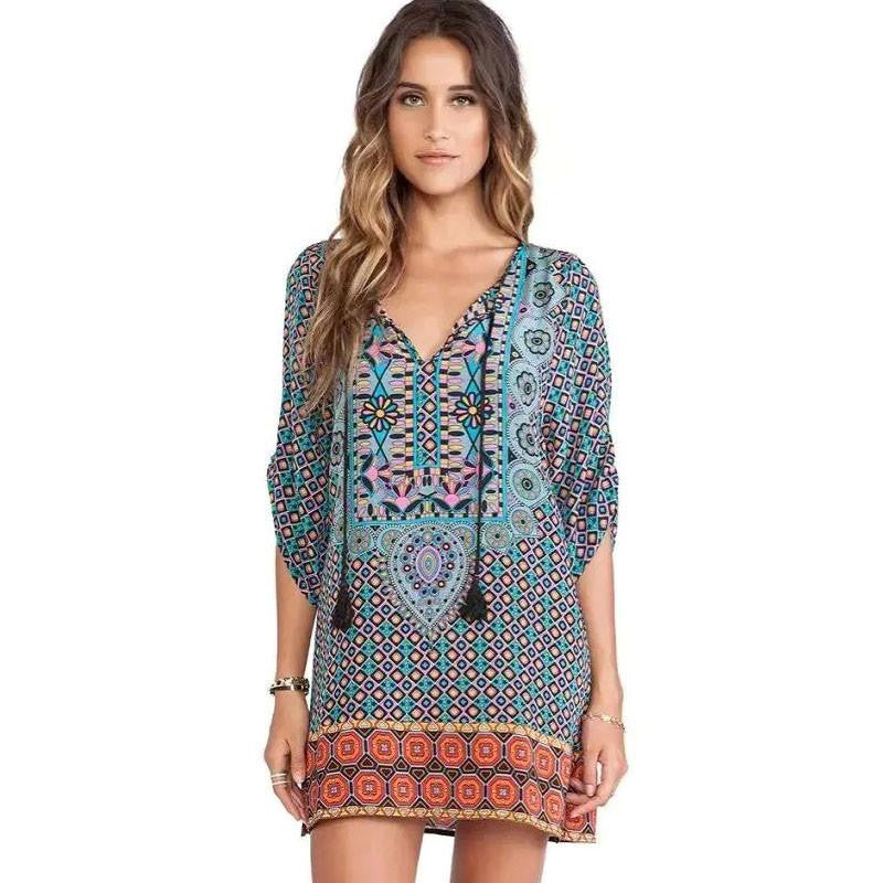 Summer Dress Vintage Loose Print Half Sleeve O-Neck Mini Cotton Natural Color Dresses