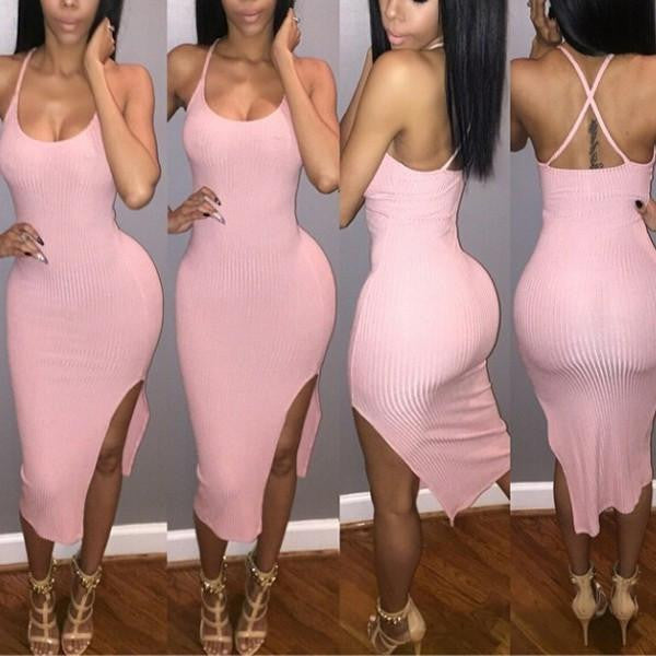 Summer style Spaghetti Strap Cross Front Bandage Dress Backless V-neck Cut Out Dress Mid-Calf Dress bodycon dresses club