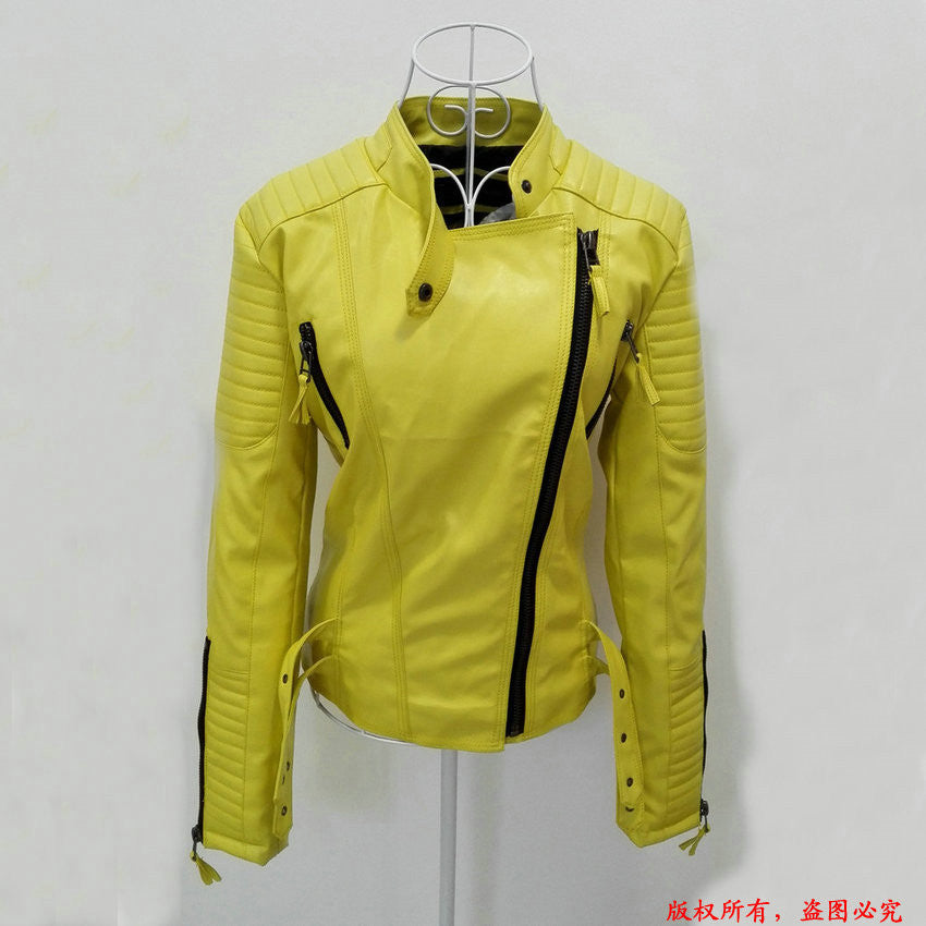 Fashion Women Brand Faux Soft Leather Jackets Pu Black Red Yellow Zippers Long Sleeve Motorcycle Coat