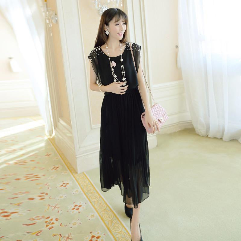 solid chiffon sleeveless women dress ankle-length beading dress elegant princess dress pleated lady dress