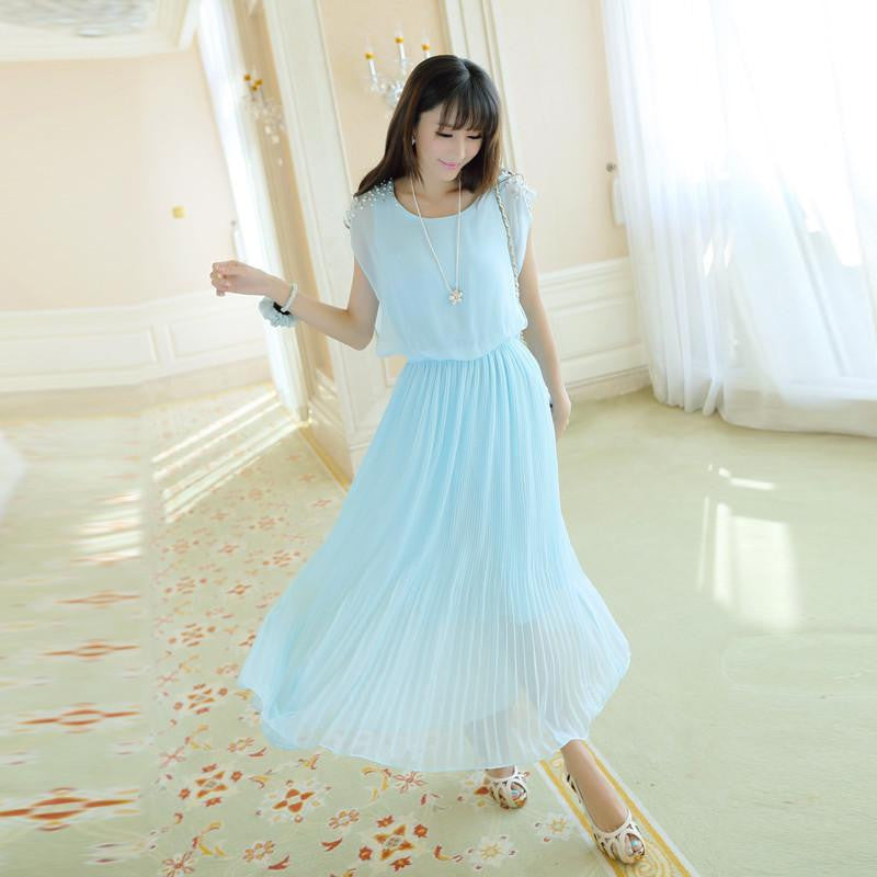 solid chiffon sleeveless women dress ankle-length beading dress elegant princess dress pleated lady dress