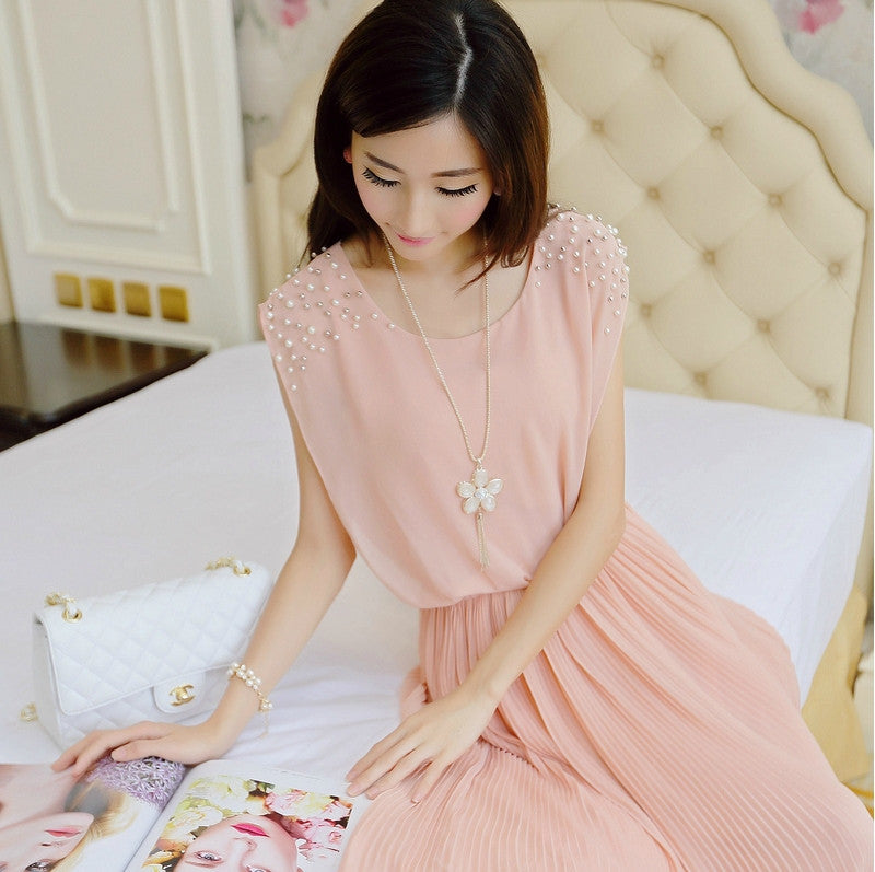 solid chiffon sleeveless women dress ankle-length beading dress elegant princess dress pleated lady dress