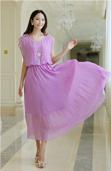 solid chiffon sleeveless women dress ankle-length beading dress elegant princess dress pleated lady dress