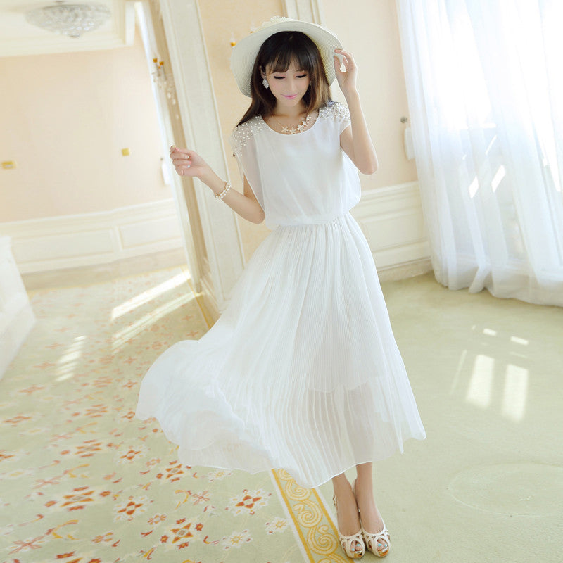solid chiffon sleeveless women dress ankle-length beading dress elegant princess dress pleated lady dress