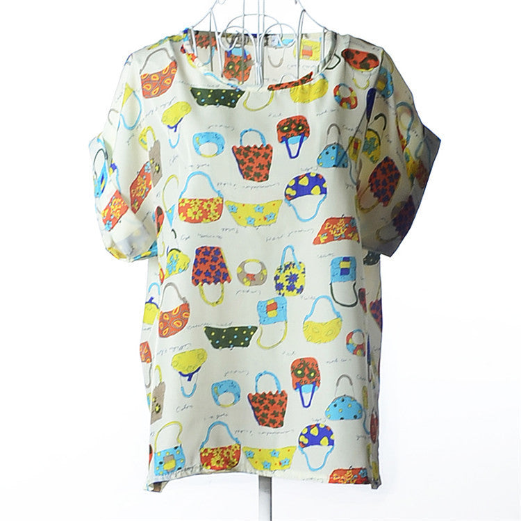 Online discount shop Australia - Casual Shirts for Women Chiffon Blouses Batwing Short Sleeve O-neck Plus Size XXL Print Shirt Tops Female LY1213a