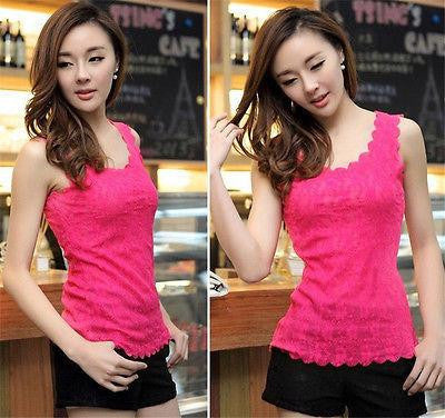 Women Candy Color Floral Lace Top Short Sleeve Blouse Crew Neck shirt