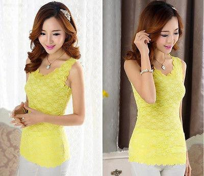 Women Candy Color Floral Lace Top Short Sleeve Blouse Crew Neck shirt