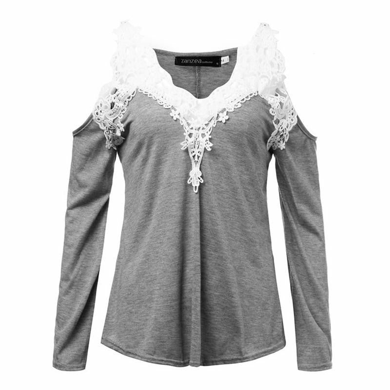 Women Blouses Off Shoulder Blouse Elegant Lace V Neck Shirt Ladies Long Sleeve Tops Plus Size