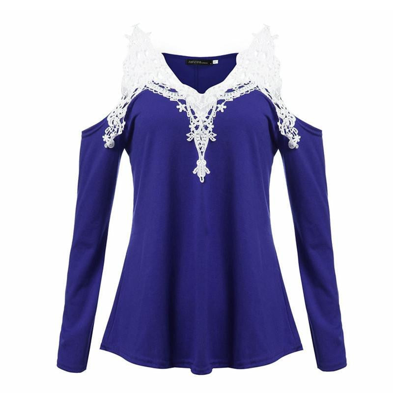 Women Blouses Off Shoulder Blouse Elegant Lace V Neck Shirt Ladies Long Sleeve Tops Plus Size