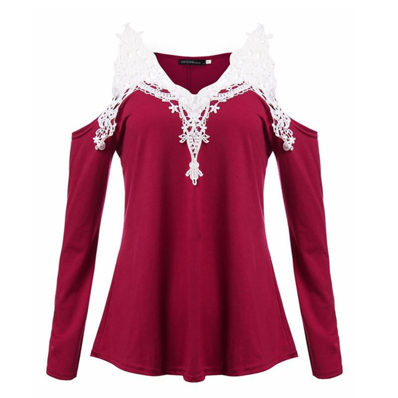 Women Blouses Off Shoulder Blouse Elegant Lace V Neck Shirt Ladies Long Sleeve Tops Plus Size