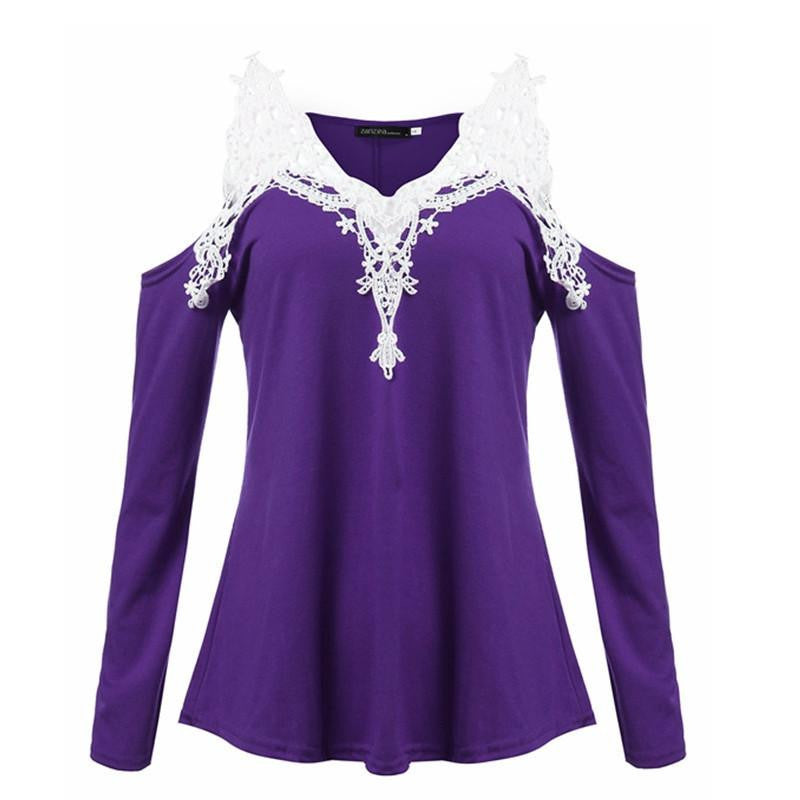 Women Blouses Off Shoulder Blouse Elegant Lace V Neck Shirt Ladies Long Sleeve Tops Plus Size