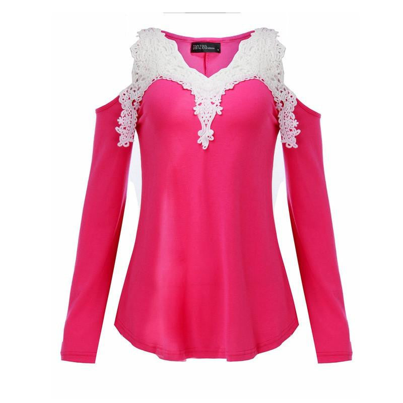 Women Blouses Off Shoulder Blouse Elegant Lace V Neck Shirt Ladies Long Sleeve Tops Plus Size