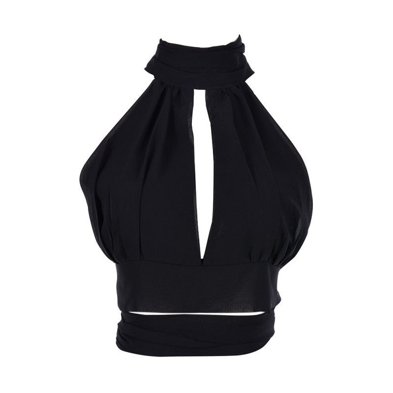 Online discount shop Australia - Girls Elegant Lace Backless Cropped Tanks Tops Women Sexy High Neck Halter Chiffon Crop Tops Tees