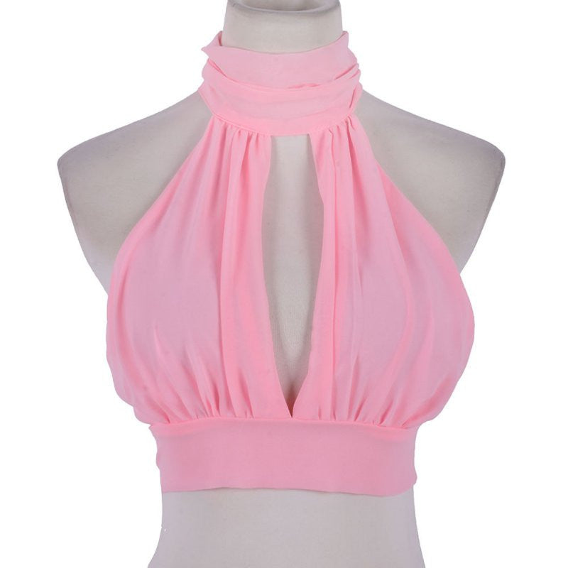 Online discount shop Australia - Girls Elegant Lace Backless Cropped Tanks Tops Women Sexy High Neck Halter Chiffon Crop Tops Tees