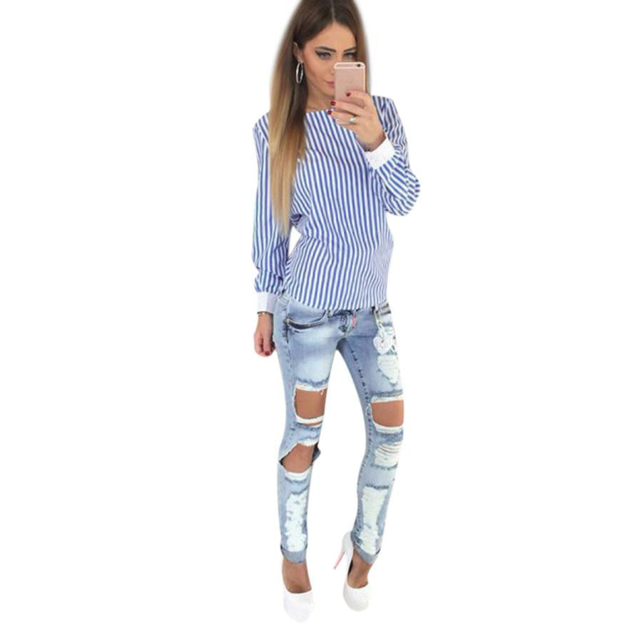 Online discount shop Australia - Chiffon Blouse Slim Thin Striped Women Clothes Sexy Backless Bowknot