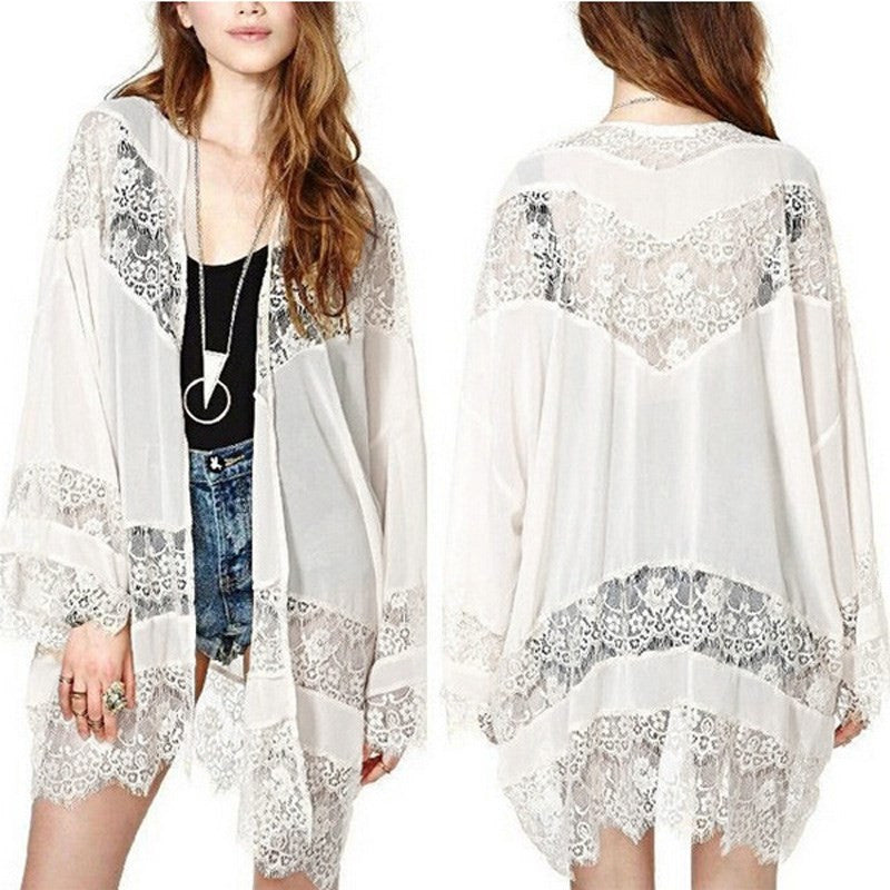 Online discount shop Australia - Cover-up Women Cardigan Lace Crochet Chiffon Loose Outwear Vintage Blouse Tops Plus Size