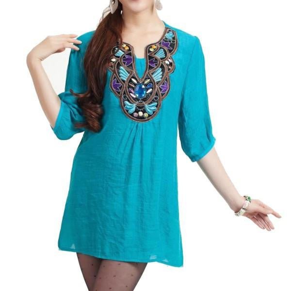 Women Blouses Ethnic Embroidery Beading Ladies Tunic Tops Beach Kimono Shirts Plus Size