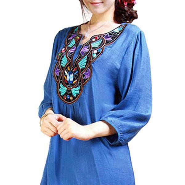 Women Blouses Ethnic Embroidery Beading Ladies Tunic Tops Beach Kimono Shirts Plus Size