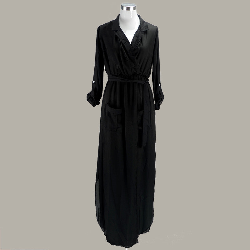 Online discount shop Australia - Black Long Maxi Tshirt Dress New Arrival Women Fashion Chiffon Long Maxi Dress Shirt Dress Black Army Green Grey With Belt
