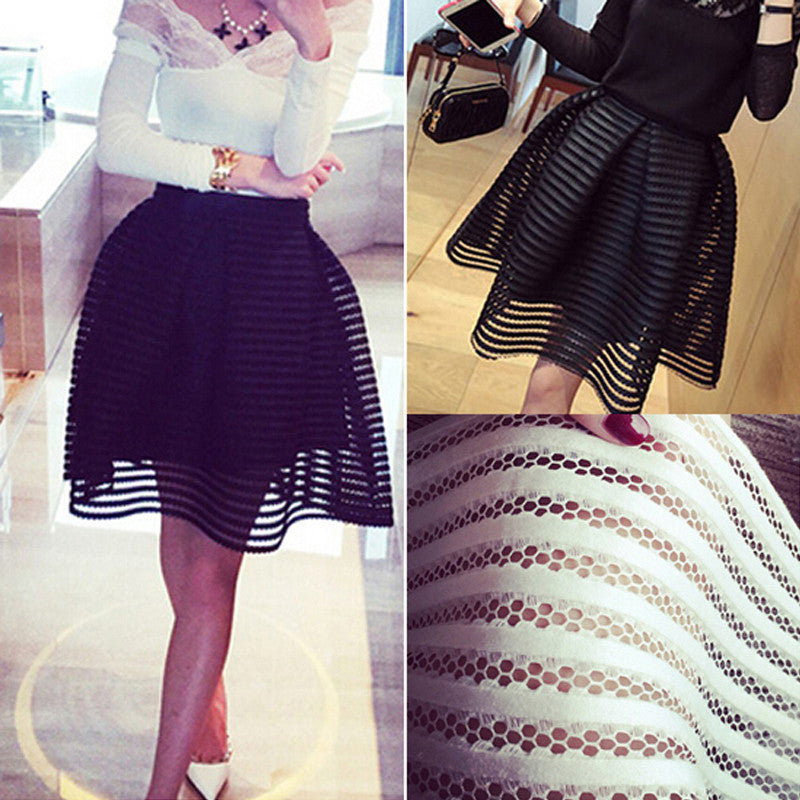 Online discount shop Australia - fashion skirt womens striped hollow-out fluffy skirt swing skirt ladies Black/White Ball Gown