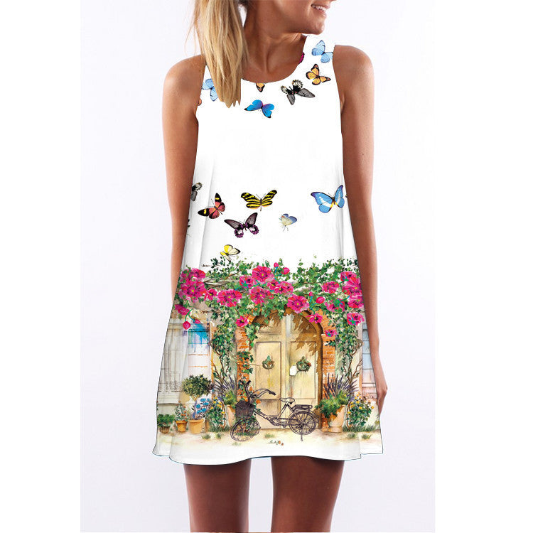 Summer women O-neck sleeveless dresses heart-shaped love printed white dress female fashion loose-fitting