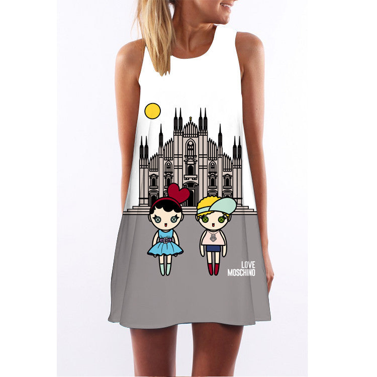 Summer women O-neck sleeveless dresses heart-shaped love printed white dress female fashion loose-fitting