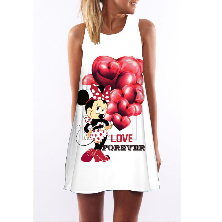 Summer women O-neck sleeveless dresses heart-shaped love printed white dress female fashion loose-fitting