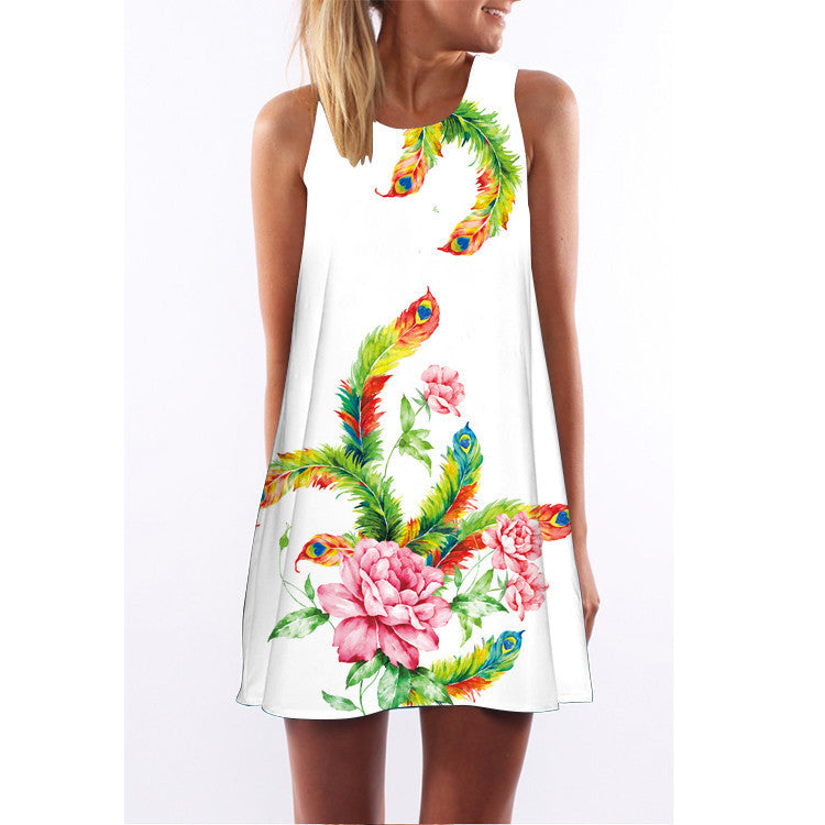 Summer women O-neck sleeveless dresses heart-shaped love printed white dress female fashion loose-fitting