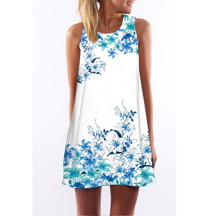 Summer women O-neck sleeveless dresses heart-shaped love printed white dress female fashion loose-fitting