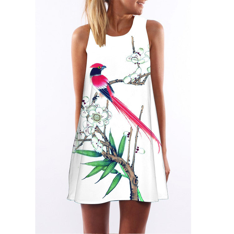 Summer women O-neck sleeveless dresses heart-shaped love printed white dress female fashion loose-fitting