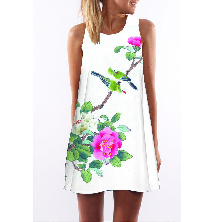 Summer women O-neck sleeveless dresses heart-shaped love printed white dress female fashion loose-fitting