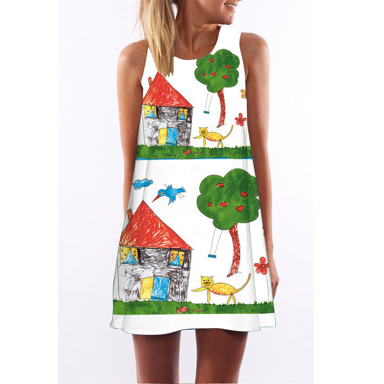 Summer women O-neck sleeveless dresses heart-shaped love printed white dress female fashion loose-fitting