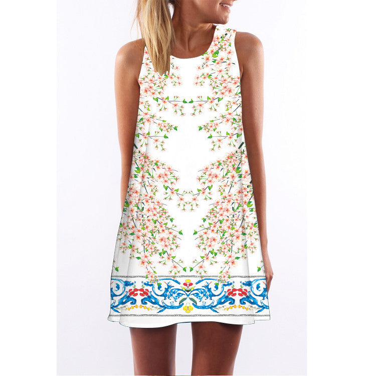 Summer women O-neck sleeveless dresses heart-shaped love printed white dress female fashion loose-fitting