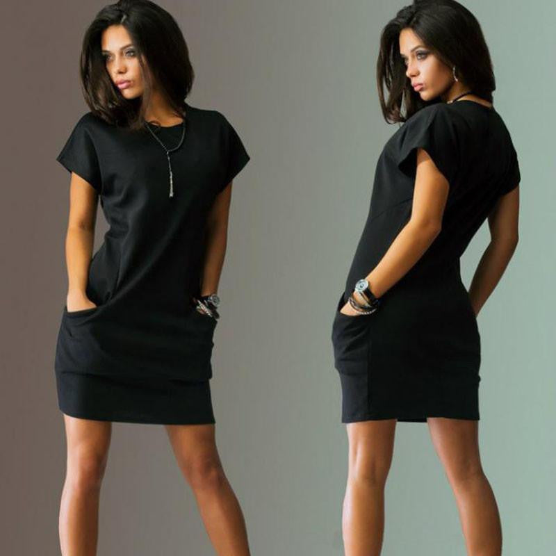 Summer Dress Black Red Women Dress Short Sleeve Pockets Loose Casual Vestido Corto O-Neck Women's Mini Dress