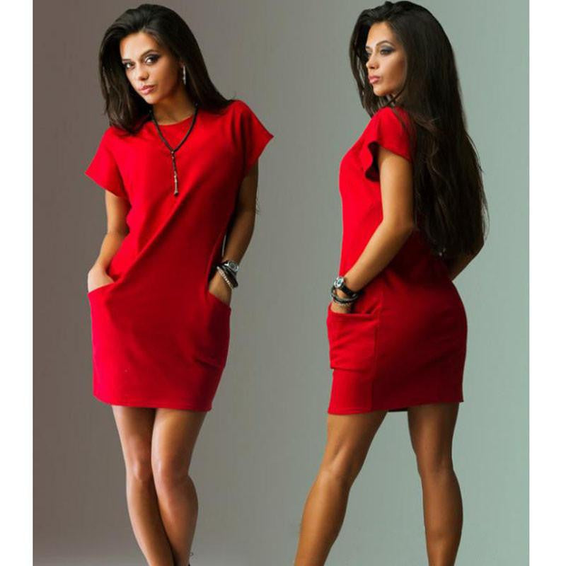 Summer Dress Black Red Women Dress Short Sleeve Pockets Loose Casual Vestido Corto O-Neck Women's Mini Dress