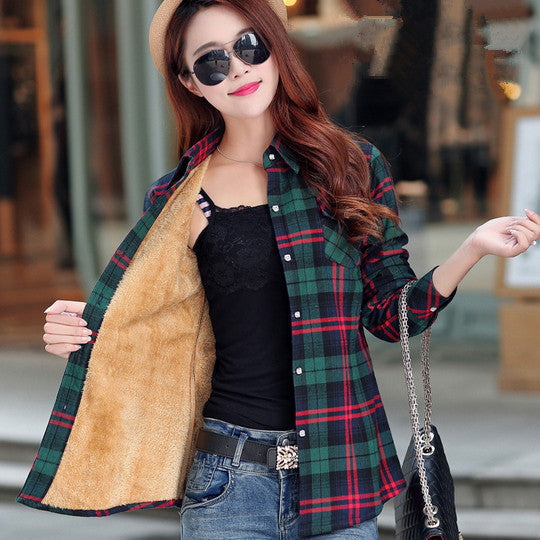 female and long sleeve casual plaid shirts / women's plus velvet youth pop thick slim shirt