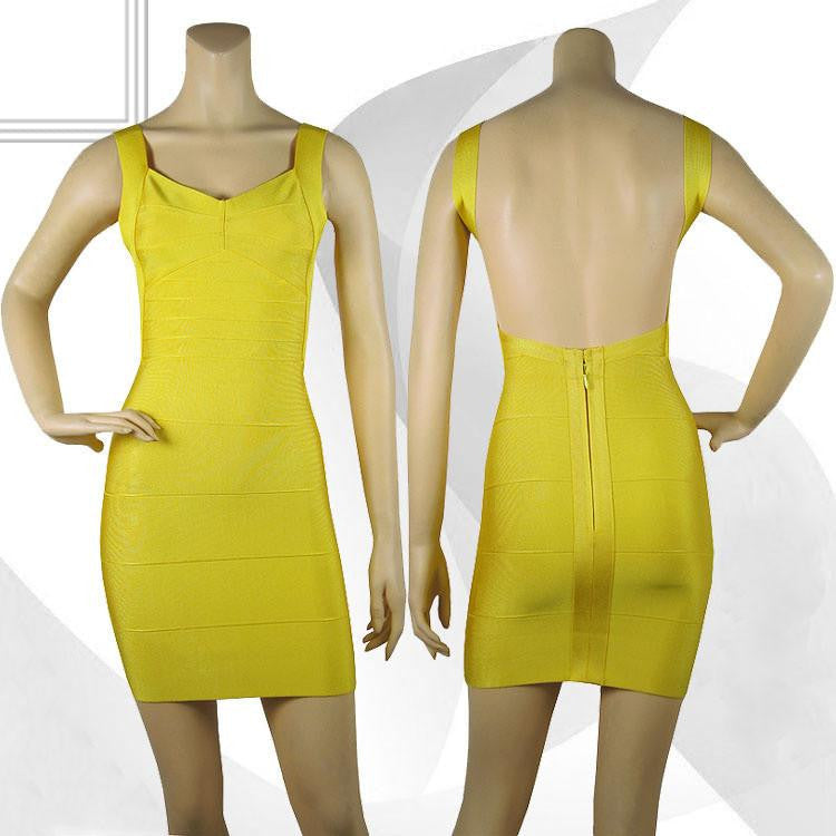 Spaghetti strap celebrity HL bandage dress open back sexy night club party yellow short mini backless dress vestido HL1113