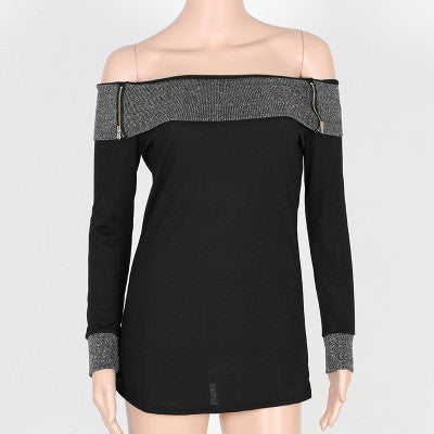 Online discount shop Australia - Fashion Long Sleeve Slash Neck T Shirt Women   New Black Sexy Off Shoulder Tops Silver line Patchwork Plus Size Tops