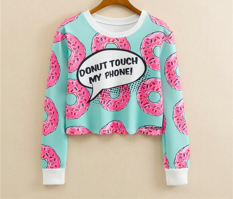 Women Casual Pullover Fashion Crop Tops Round Neck Long Sleeve Ladies Cat Short Cropped Sweatshirt