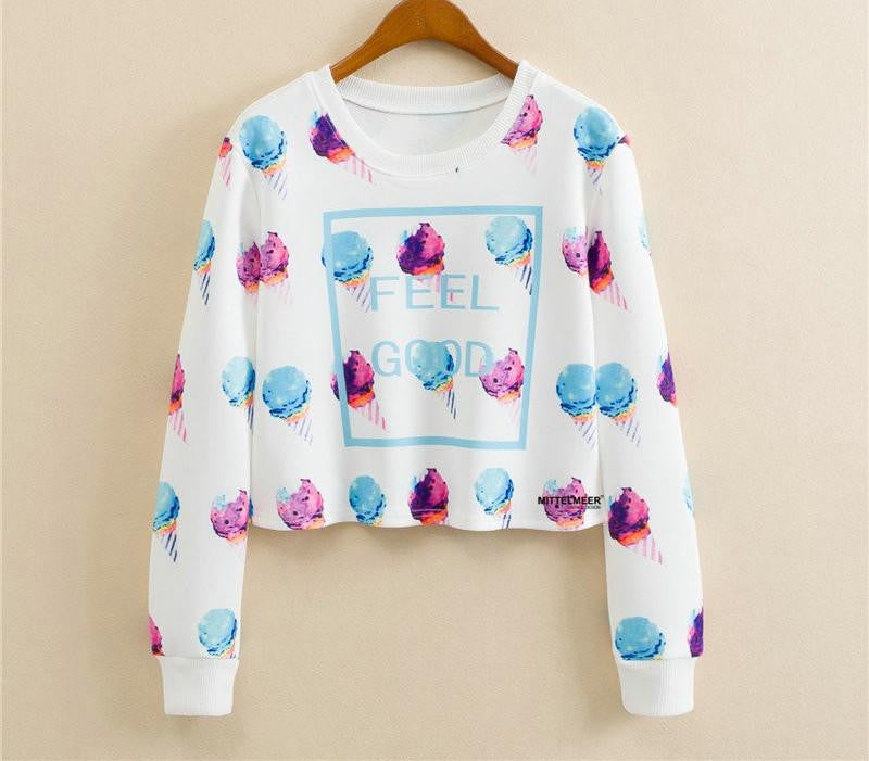 Women Casual Pullover Fashion Crop Tops Round Neck Long Sleeve Ladies Cat Short Cropped Sweatshirt
