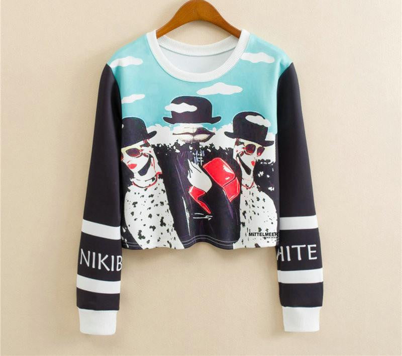 Women Casual Pullover Fashion Crop Tops Round Neck Long Sleeve Ladies Cat Short Cropped Sweatshirt