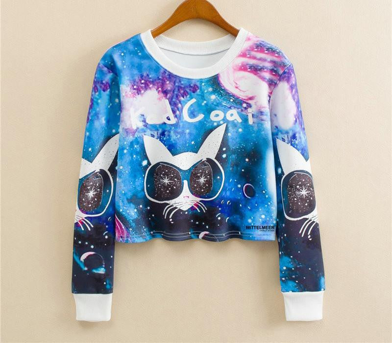 Women Casual Pullover Fashion Crop Tops Round Neck Long Sleeve Ladies Cat Short Cropped Sweatshirt